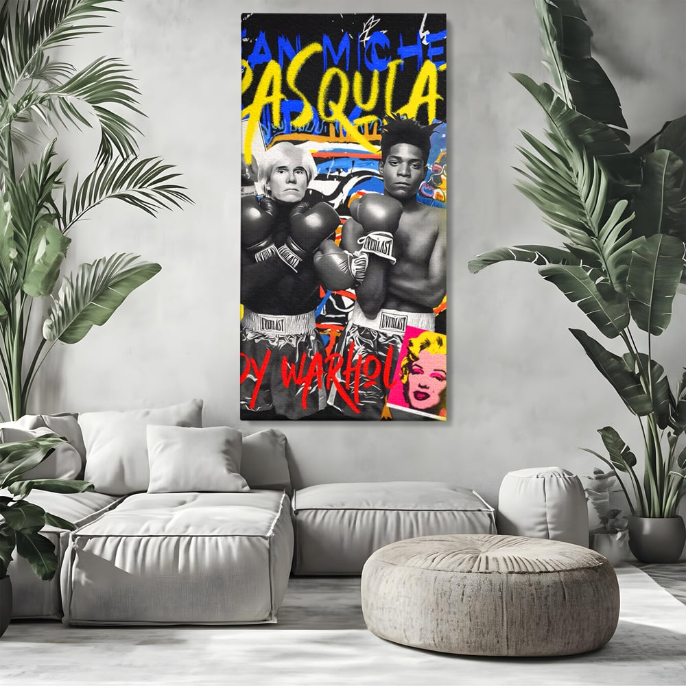 Tablou canvas cu tablou canvas cu andy warhol si basquiat, fara rama, pe sasiu de lemn, pe perete intr-un living